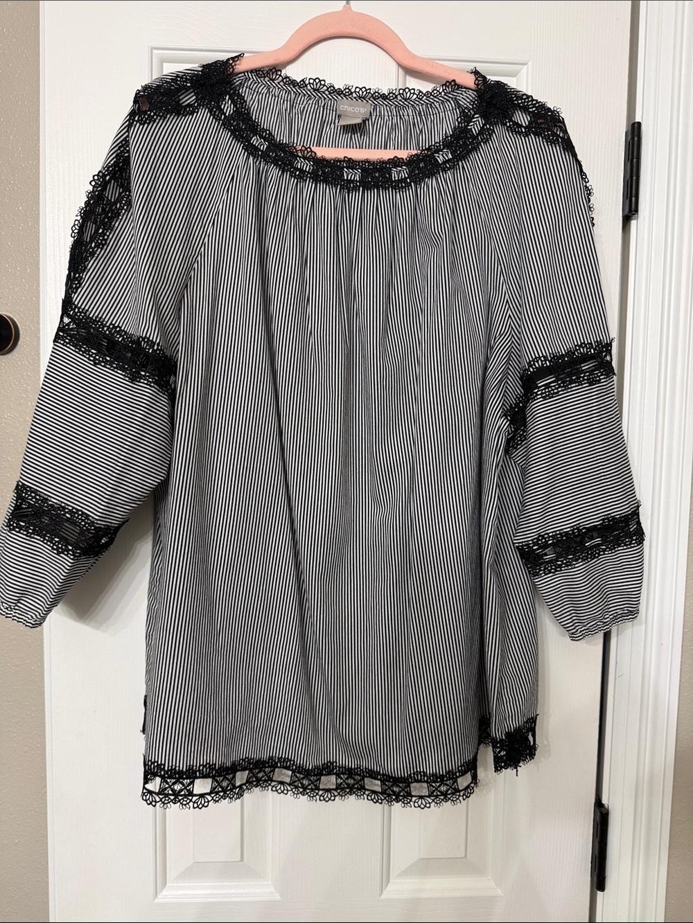 Chico's Black & White Pinstripe Lace-Trim Blouse